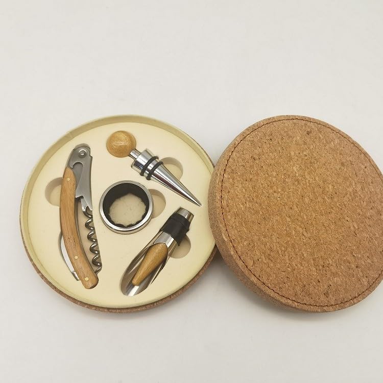 Premium Wine Tool Set with Stainless Steel Bottle Opener, Corkscrew, and Accessories in Elegant Circular Wood Case
