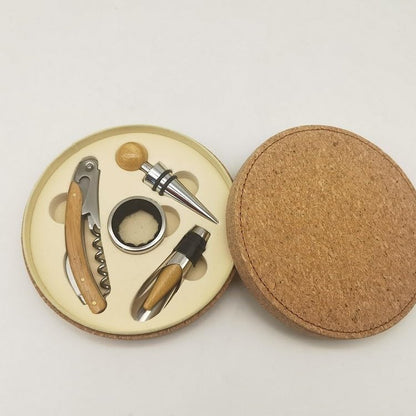 Premium Wine Tool Set with Stainless Steel Bottle Opener, Corkscrew, and Accessories in Elegant Circular Wood Case