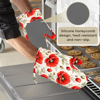 Red Poppy Flowers Oven Mitts and Pot Holders Sets of 4, Heat Resistant Silicone Oven Mitts Gloves Non-Slip Kitchen Mittens Potholders for Cooking Baking Grilling BBQ - color: Red Poppy Flowers