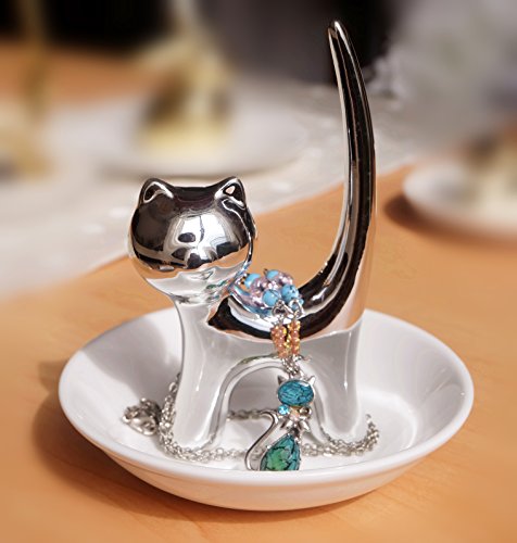 PUDDING CABIN Ring Holder Dish, Sliver Cat, Jewelry Storage for Women, Cat Lover Gifts, Christmas, Mother's Day, Birthday, Wedding, Engagement, Valentine's Day - style: Long Tail Cat