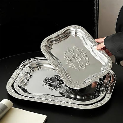 Metal Food Tray Stainless Steel Floral Engraved Party Platters for Displaying Fruits Dessert and Cupcakes Wedding Decors Metal Engraved Serving Tray