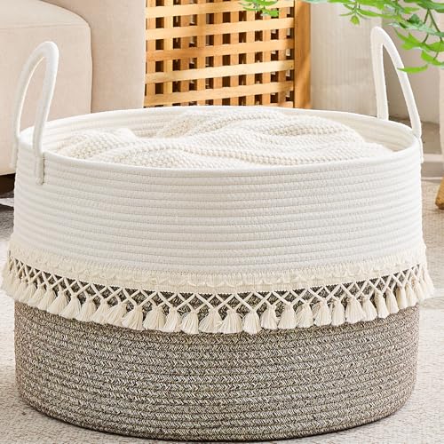 KAKAMAY Large Blanket Basket with Handles, Storage Basket for Living Room | Extra Large Capacity | Natural Cotton Rope | Blanket Storage | Woven Storage Basket | Stuffed Animal Storage | Laundry Basket - color: Beige Fringe