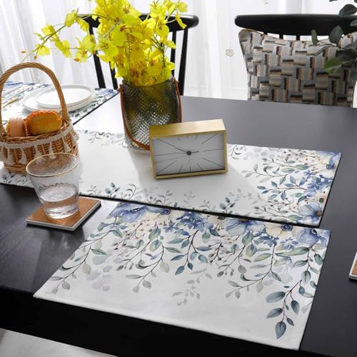 Table Runner and Placemats Set of 6 Blue Flowers Eucalyptus Leaves Decorative Dining Table Runner with Matching Placemats Branch Plant Table Decor for Kitchen Dining Room and Everyday Use 13x90in - size: 13"x90"+6pcs