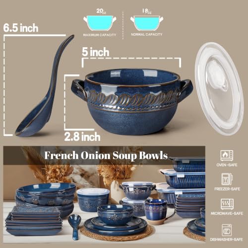 French Onion Soup Bowls with Handles and lids & Spoons, 20 Oz Ceramic Soup Crocks Oven Safe Serving Bowls for Chili, Beef Stew, Cereal, Pot Pies, Embossment, Set of 4, Blue (Willow Leaf) - color: Blue (Willow Leaf)
