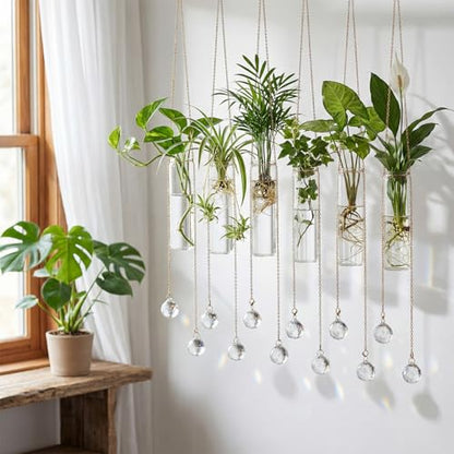 Hushee 6 Pcs Hanging Propagation Stations with Crystal Suncatcher Glass Hanging Wall Planters Indoor Plants Hydroponic Tubes for Plants Flowers Windows Home Decoration