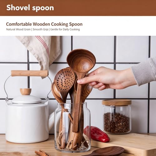 11 Pcs Acacia Wood Kitchen Utensils Set with Storage Holder, Handcrafted Natural Wooden Cooking Tools, Gentle for Non-Stick Cookware, Farmhouse Kitchen Decor & Ideal Housewarming Gift Style-C