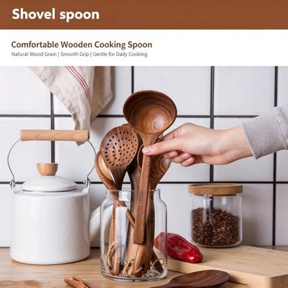 11 Pcs Acacia Wood Kitchen Utensils Set with Storage Holder, Handcrafted Natural Wooden Cooking Tools, Gentle for Non-Stick Cookware, Farmhouse Kitchen Decor & Ideal Housewarming Gift Style-C