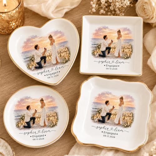 LullabyMall Luxury Custom Photo Watercolor Couple Portrait Ring Dish, Customized Engagement Ring Holder, Bride Jewelry Tray, Wedding Gifts for Bride 3 - color: Square