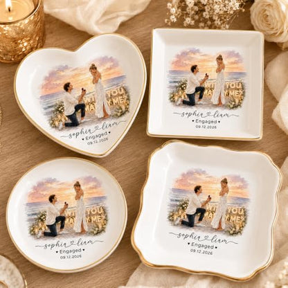 LullabyMall Luxury Custom Photo Watercolor Couple Portrait Ring Dish, Customized Engagement Ring Holder, Bride Jewelry Tray, Wedding Gifts for Bride 4 - color: Round