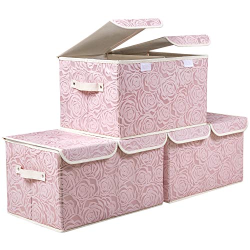 Large Stackable Storage Bins with Lids Fabric Decorative Storage Box Cubes Organizer Containers Baskets with Cover Handles Divider for Bedroom Closet Living Room 17.3x11.8x9.8 Inch 3 Pack - color: Pink, size: Double Lid/3pcs