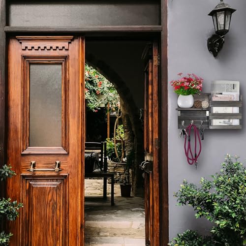 Wall-Mounted Key Holder Hooks - Rustic Wood Weathered Grey & Black - Entryway Organizer for Mail, Leashes, and Purses - Floating Shelf, 16.5” W x 9.75" H x 4.5” D - color: Weathered Grey & Black Organizer & Wood Shelf