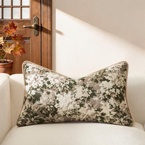 Kevin Textile Vintage Floral 12x20 Inch Lumbar Pillow Cover 1 Pack, Green | Soft Neutral Retro Flowers Embroidered Texture Lumbar Pillow Cover Accent Decorative Pillowcase for Couch Sofa Chair Bed - color: Green, size: 20" x 12" (Pack of 1)