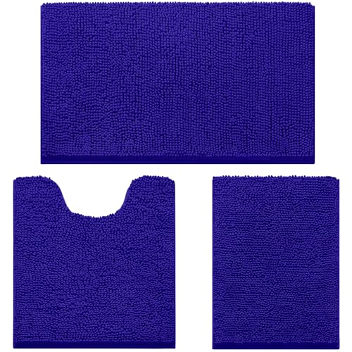 HOMEIDEAS 3 Pieces Bathroom Rugs, Ultra Soft Non Slip Absorbent Chenille Toilet Bath Mat Set (Royal Blue) - color: Blue-royal Blue, size: 17"x24"+20"x32"+U Shape 20"x24"
