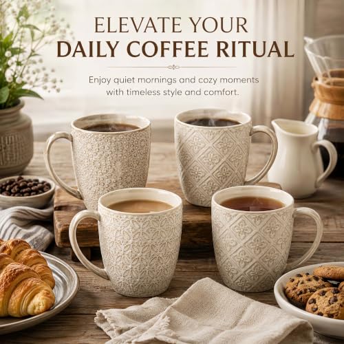 Coffee Mugs Set of 4, 16 Oz Ceramic Coffee Mugs, Large Porcelain Embossed Cups for Cocoa, Tea, Milk, Mocha, Cappuccino, Microwave & Dishwasher Safe, Comfort Handle, 3.5 x 4.5 inch - color: C1