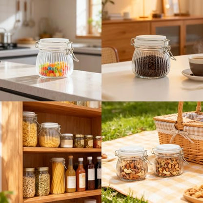 17oz Airtight Glass Jar with Lid, 6 Pack Clamp Lid Glass Storage Jars, Flip Top Food Storage Containers, Wide Mouth Thick Glass Jars for Yogurt Dessert Jam Sugar Snacks Pantry Kitchen Organization - size: 17 fl oz x 6 - Ridged