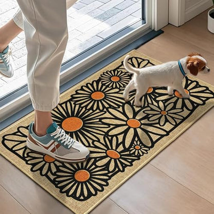 Welcome Mats Daisy Flower Front Door Mat for Outside Patio Entrance 17"x30" | Non-slip backing, durable, low profile, summer outside entryway rugs, housewarming gifts, for home farmhouse kitchen hallway - color: White Daisy Flower