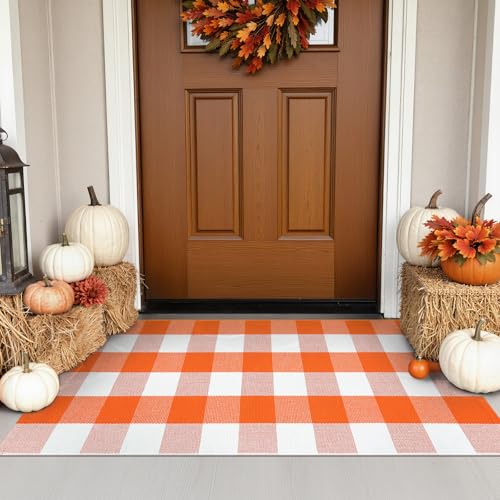 KIMODE Fall Decor Front Door Mat Buffalo Plaid Outdoor Front Porch Rug | Fall Farmhouse Checkered,Orange and White,27.5"x43",Washable,Cotton,Thanksgiving Layered Mats Outdoor Autumn Holiday Decor - color: Orange/White, size: 2'4" x 3'7" (Rectangular)