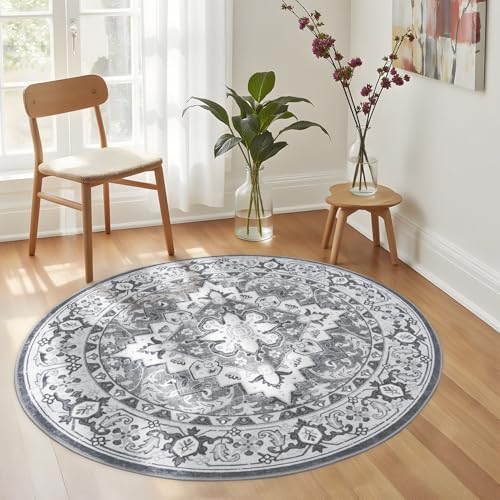 4FT Washable Round Area Rugs for Living Room, Non Slip Circle Rugs | Vintage Carpet for Bedroom, Dining Room, Nursery, Home Office, All Vacuums Compatible, Low Pile Kid Pet Friendly, Grey White - color: Grey Beige, size: 4' (Round)
