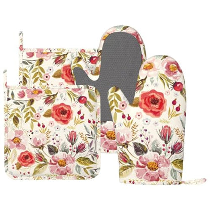 Wildflowers Floral Oven Mitts Pot Holders Set Silicone Heat Resistant Botanical Floral Oven Mitts and Hot Pads Potholders Non-Slip Oven Gloves for Cooking Baking Grilling BBQ - color: Red Green Beige