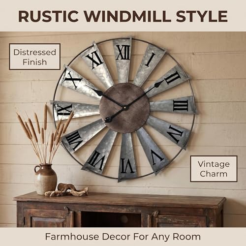 Mrocioa Windmill Distressed Metal Wall Clocks Rustic Large Decorative Clock Oversized Farmhouse Decor (24 inch Roman Numerals) - size: 24 inch Roman numerals