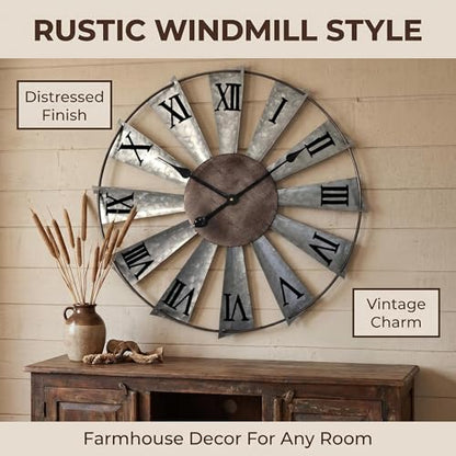 Mrocioa Windmill Distressed Metal Wall Clocks Rustic Large Decorative Clock Oversized Farmhouse Decor (24 inch Roman Numerals) - size: 24 inch Roman numerals