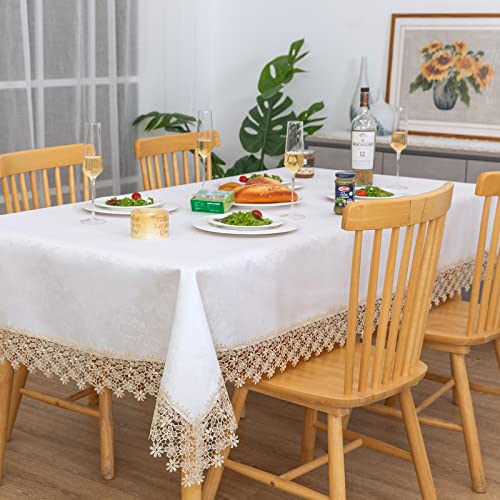 Lace Tablecloth Waterproof Fabric Washable Beige 72x126inch | Elegant Decor AntiShrink Soft Wrinkle Resistant Decorative Fabric Dining Home Holiday Party Kitchen Outdoor Indoor Home Décor - color: Blossom-beige, size: 72" x 126" (Rectangle)