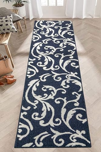 Hallway Runner Rug Non Slip Rubber Backing, 26 inch x 6 ft, Scroll, Blue, Heavy Duty Berber Style Carpet Runner for Entryway, Kitchen, Bathroom, Bedroom, Laundry Room. - color: Scroll Blue, size: 6 Foot Long Runner Rug