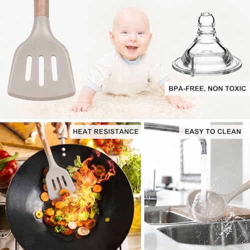 MIBOTE Silicone Cooking Kitchen Utensils Set, Wooden Handle, Khaki | BPA-Free, Non-Toxic Silicone Turner, Tongs, Spatula, Spoon Set – Great for Nonstick Cookware, Heat-Resistant, Easy Clean - color: Khaki