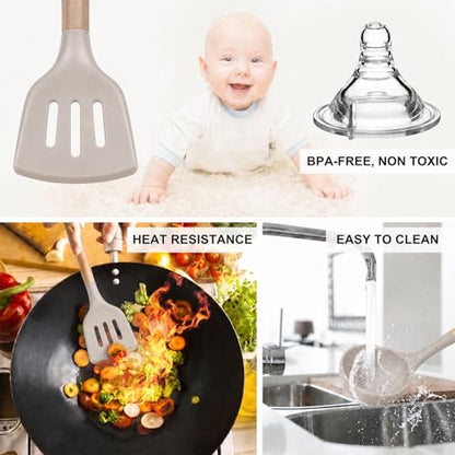 MIBOTE Silicone Cooking Kitchen Utensils Set, Wooden Handle, Khaki | BPA-Free, Non-Toxic Silicone Turner, Tongs, Spatula, Spoon Set – Great for Nonstick Cookware, Heat-Resistant, Easy Clean - color: Khaki