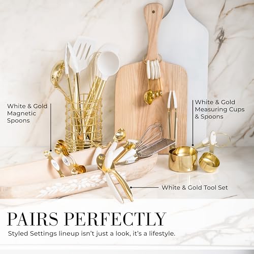 Styled Settings White and Gold Kitchen Utensils, 7-Piece | Nonstick Silicone Cooking Utensils Set with Gold Utensil Holder, White and Gold Kitchen Accessories for Modern Kitchens - color: White and Gold
