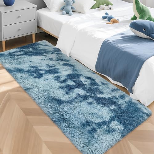 Super Soft Fluffy Living Room Area Rug 2x5 ft Tie-Dyed Light Blue Shaggy Furry Carpet Washable Non-Slip Floor Rugs Bedroom Bedside Nursery Rug Fuzzy Girls Boy Dorm Home Decor Aesthetic - color: Tie-dyed Blue, size: 2' x 5' (Runner)