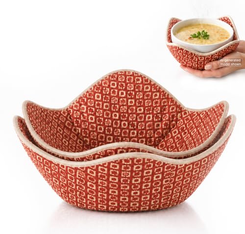 Set of 2 Microwave Bowl 4x7x7 Inch Polyester Cloth Hot Pads with Red Pattern - Multipurpose Heat Resistant Plate Holders - Ramen Pot Cozy or Soup - Pot Holder Microwavable Bowl Cozies for Food - color: Color 24