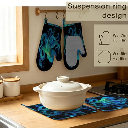 Octopus Ocean Nautical Oven Mitts and Pot Holders Sets of 4, Heat Resistant Silicone Oven Mitts Gloves Non-Slip Kitchen Mittens Potholders for Cooking Baking Grilling BBQ - color: Octopus Ocean Nautical