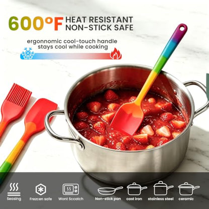 Silicone Spatula Set,9-Piece BPA Free Food Grade Heat Resistant Spatulas for Cooking Baking,Seamless One Piece Design,Non-Stick Safe,Dishwasher Safe,Withstands -104°F to 600°F（Rainbow） - color: Rainbow