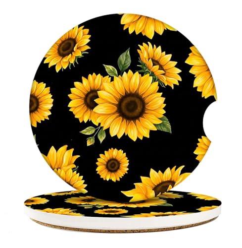 Car Coasters for Drinks, 2 Pcs Ceramic Stone 2.56" Sunflower | Floral Botanical Black Absorbent Non-Scratch Cork Base Cupholder Auto Accessories for Women Men - color: Sunflower