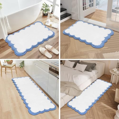 Pauwer Bathroom Rug Sets 3 Piece, Scalloped Bath Rugs, White and Blue | Non Slip Washable Bath Mat With U-Shaped Toilet Rug, Extra Absorbent Quick Dry, For Floor Sink - color: White and Blue