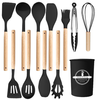11 Piece Silicone Kitchen Utensil Set with Holder Heat Resistant Non Stick Cooking Tools with Wooden Handles Spatula Spoon Pasta Server Tongs Whisk Brush Black (Black) - color: Black