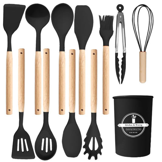 11 Piece Silicone Kitchen Utensil Set with Holder Heat Resistant Non Stick Cooking Tools with Wooden Handles Spatula Spoon Pasta Server Tongs Whisk Brush Black (Black) - color: Black