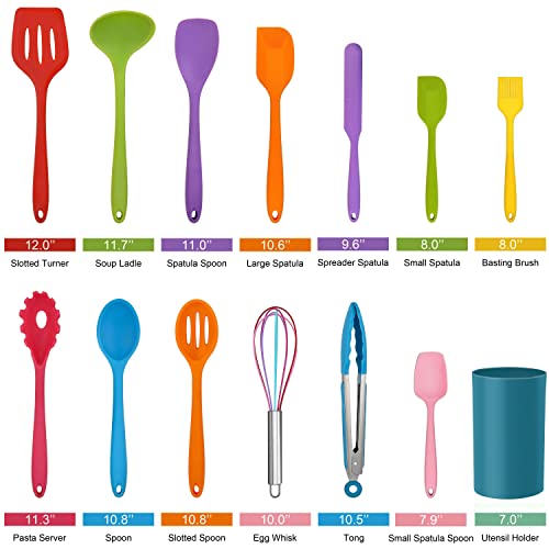 LIANYU 14 Pcs Silicone Kitchen Cooking Utensils Set with Holder, Colorful | 446°F Heat Resistant Silicone Cooking Utensils Spatula Set, Non-Stick & Dishwasher Safe Cooking Tools, Comfort Grip Handle - color: Colorful