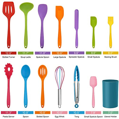 LIANYU 14 Pcs Silicone Kitchen Cooking Utensils Set with Holder, Colorful | 446°F Heat Resistant Silicone Cooking Utensils Spatula Set, Non-Stick & Dishwasher Safe Cooking Tools, Comfort Grip Handle - color: Colorful