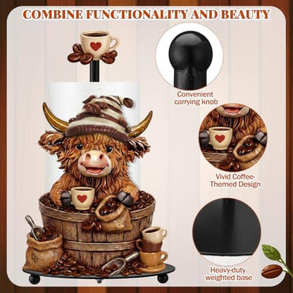 Coffee Beans Highland Cow Paper Towel Holder Coffees Kitchen Decor Farmhouse Metal Highland Cow Bar Accessories Stand with Round Base for Home Bathroom Countertop Toilet Caffee Lover Gifts - style: Coffee Beans