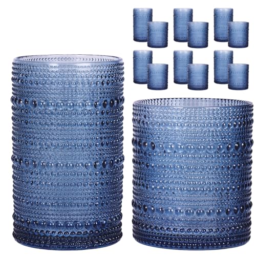 Moretoes 12 Pack Blue Hobnail Drinking Glasses,Vintage Water Glass Cups | Mixed Glassware Set, 6pcs 12oz Highballs and 6pcs 10oz Old Fashioned Glasses, Great for Cocktail, Whisky and Other Beverages - color: Blue, size: 12pcs