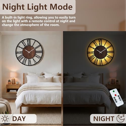 Large Lighted Wood Wall Clock Remote Control, Roman Numeral Modern Decorative Clock with Silent Movement, Battery Operated Clocks for Living Room Decor - size: 32inch-80cm