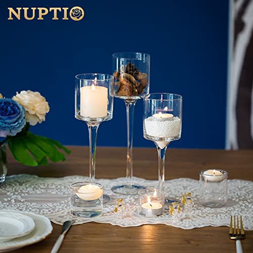 NUPTIO Glass Candle Holders, Set of 3 Stemmed Holders for Floating Candles | Clear Glass Cups, Elegant Long Stem Design, Dinner Table Centerpiece, Wedding Decor, Home Decoration