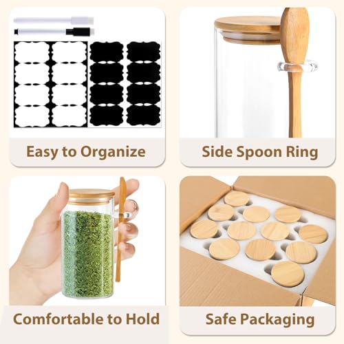 12 Pack 10 oz Round Glass Spice Jars with Lids and Spoons – Airtight Small Spice Containers Set with Labels, Clear Glass Storage Jars for Seasoning, Spices, Kitchen Pantry Organization - color: Round/10oz/12pcs/Spoon