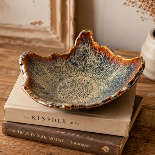 Irregular Rim Reactive Glaze Ceramic Decorative Bowl (Reactive Glaze) | Handmade, Vintage Porcelain, Rustic Pottery, Catchall Tray for Keys & Snacks, Tabletop & Home Decor