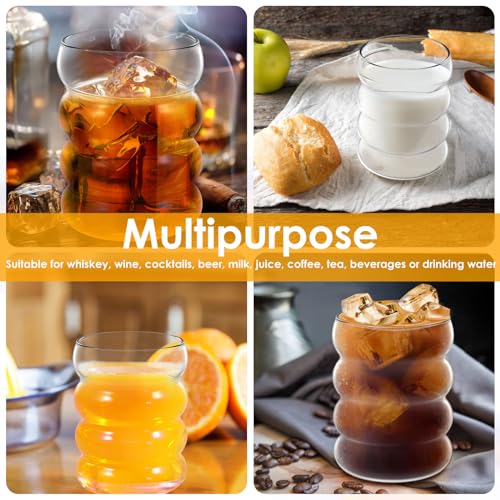 Ribbed Drinking Glass Cups with Glass Straws Set of 4, 10 oz Aesthetic Iced Coffee Glasses, Bubble Glasses Drinking Tumbler, Ribbed Glassware, Beer Glasses for Coctail, Soda, Juice | Aesthetic Clear Glass Cups with Matching Glass Straws, for Iced Coffee,