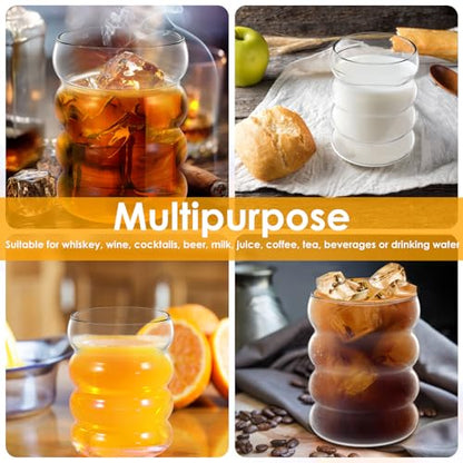 Ribbed Drinking Glass Cups with Glass Straws Set of 4, 10 oz Aesthetic Iced Coffee Glasses, Bubble Glasses Drinking Tumbler, Ribbed Glassware, Beer Glasses for Coctail, Soda, Juice | Aesthetic Clear Glass Cups with Matching Glass Straws, for Iced Coffee,