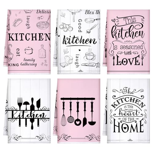 6 Pcs Pink Kitchen Towels Decorative Sets Dish Towels Absorbent Fast Drying Hand Tea Vintage Hanging Reusable Cleaning Dishcloths for Cooking Farmhouse Bathroom Accessory - color: Pink and White, style: Classic
