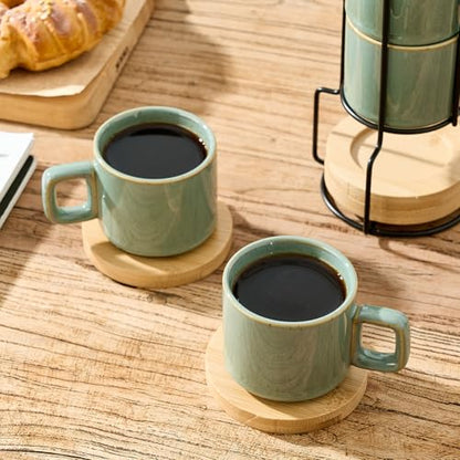 LUKA Porcelain Stackable Espresso Cups with Saucers and Metal Stand, 4 Ounce Small Ceramic Demitasse Cups Set for Latte, Specialty Coffee Drinks, Cafe Mocha,Tea - Set of 4, Wild Sage Earth - color: Wild Sage Earth